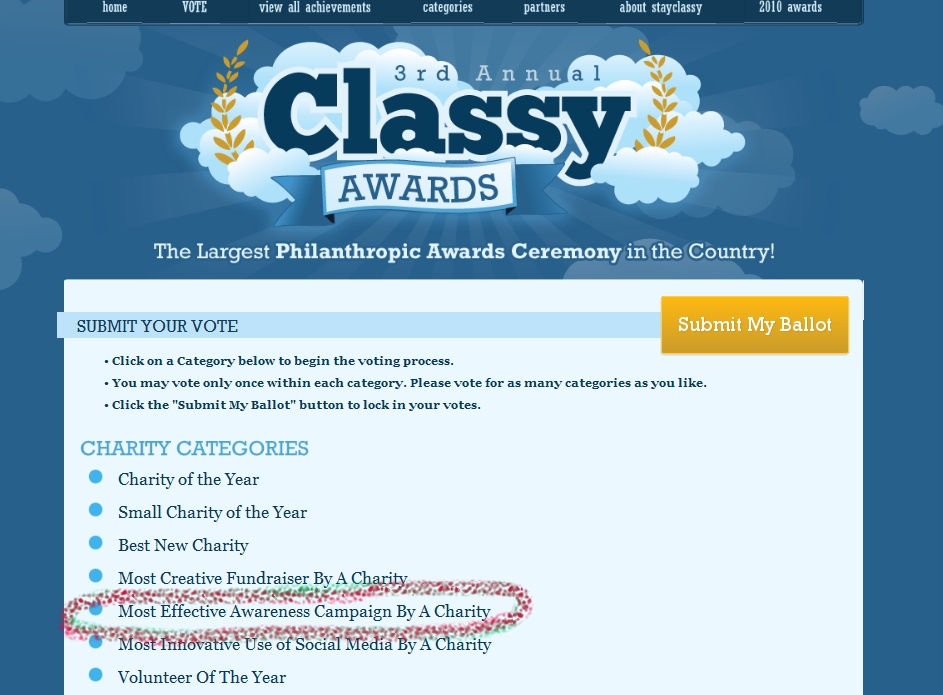 Awarded to the charitable organization whose submission describes the most creative and impactful awareness campaign of the year. Whether through, TV, radio, the internet, or another medium, this organization has shaken us from our daily routine and forced us to engage with the issue it advocates for.