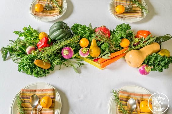 table centerpiece of fruit and vegetables