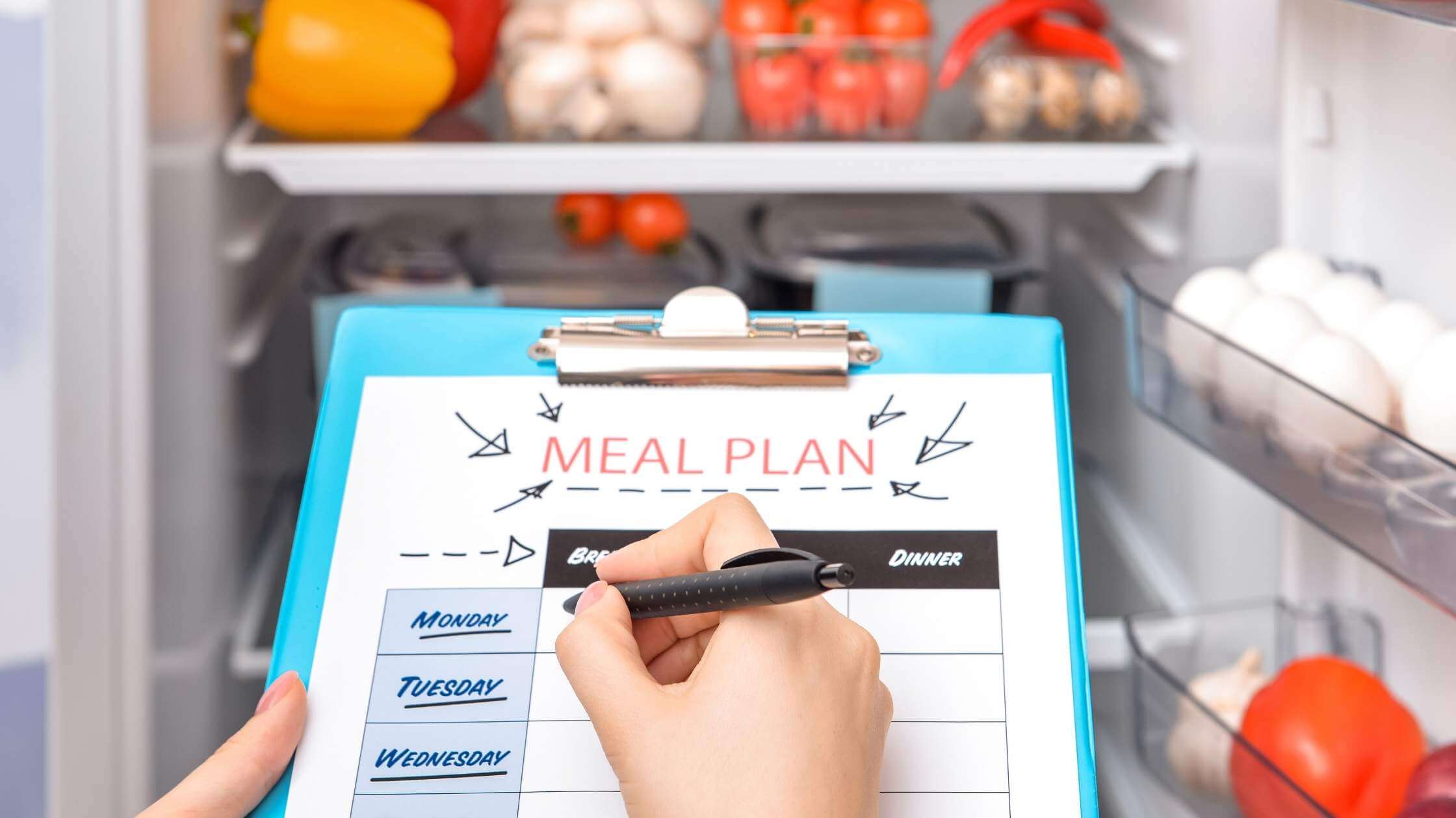 clipboard with meal plan in front of open refridgerator