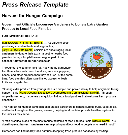 Press Release for Harvest for Hunger thumbnail